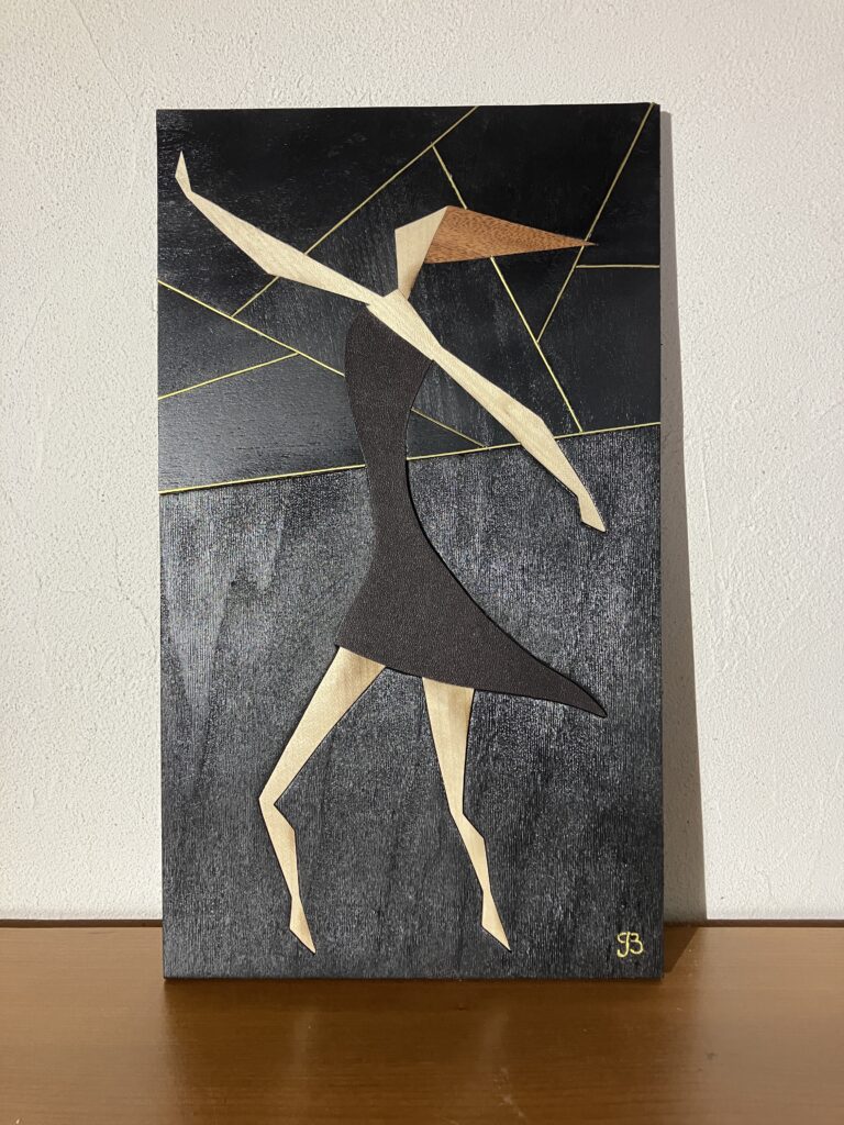 Marqueterie "La Ballerine", bois, laiton, cuir et bois brûlé.