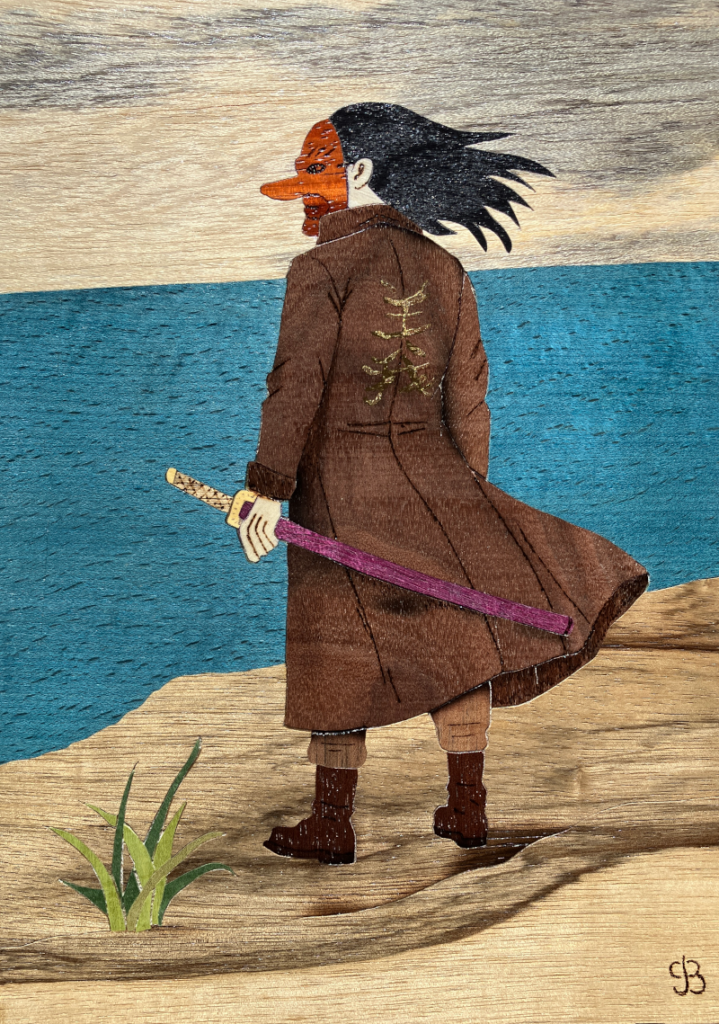 Marqueterie d'un homme au sabre et masque de tengu. Création originale.